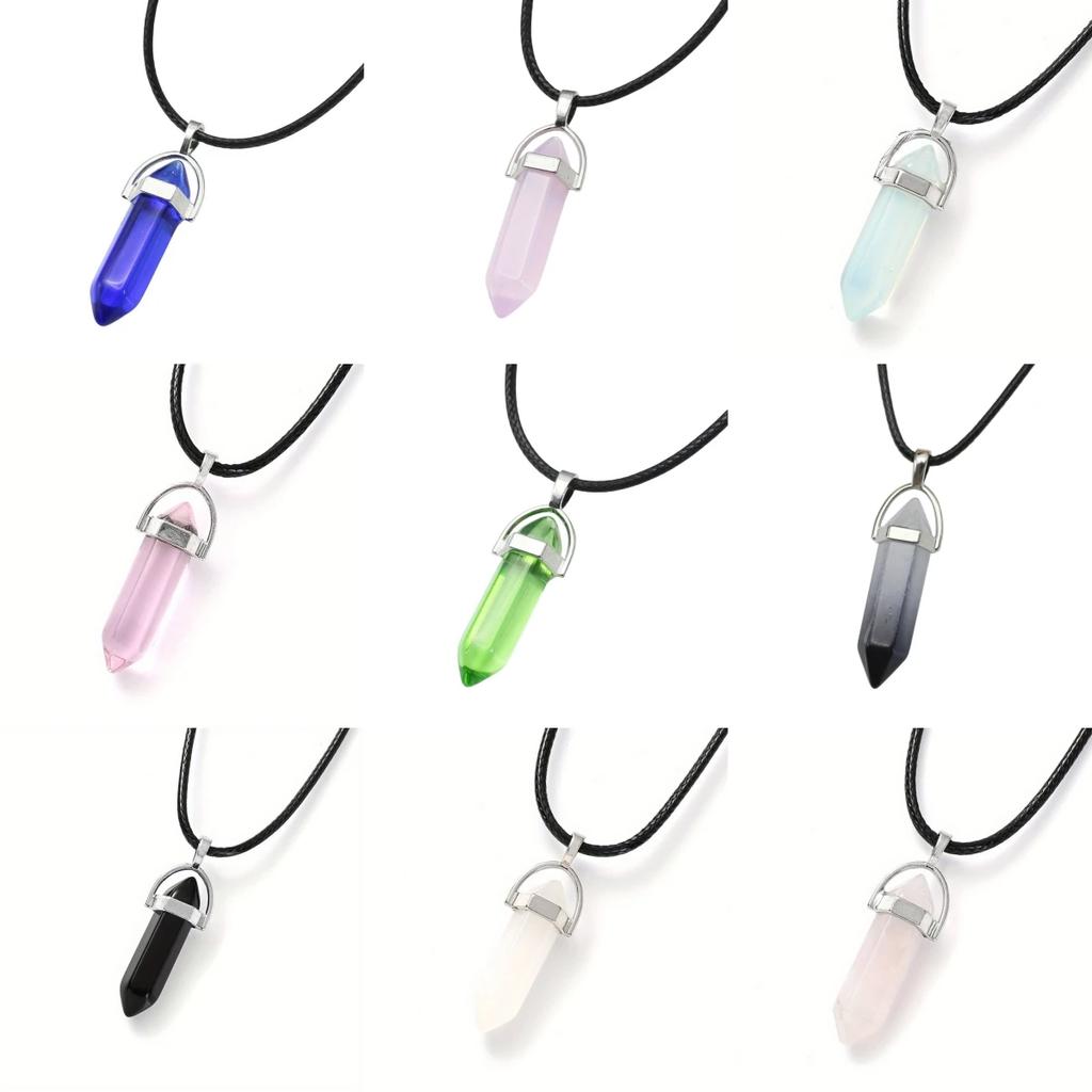 Natural Stone Pendant Necklace Women PU Leather Hexagonal Column Pointed Reiki Chakra Lapis Chunky Jewelry