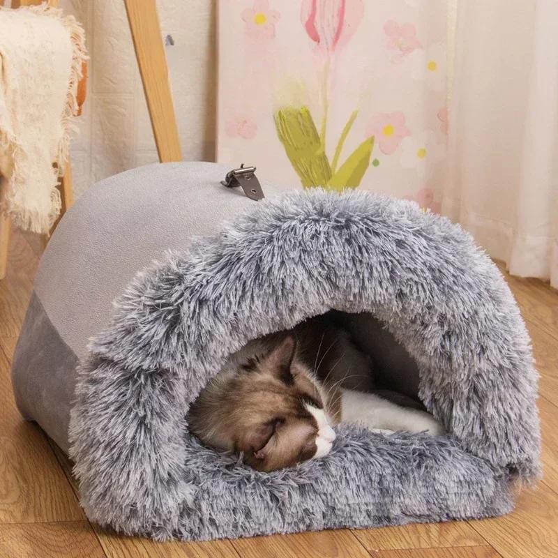 Зимняя плюшевая кошачья кровать большого размера, собачья будка, теплый кошачий домик, вилла, уютное гнездо для котят, закрытый кошачий дом, коврик для сна для щенков