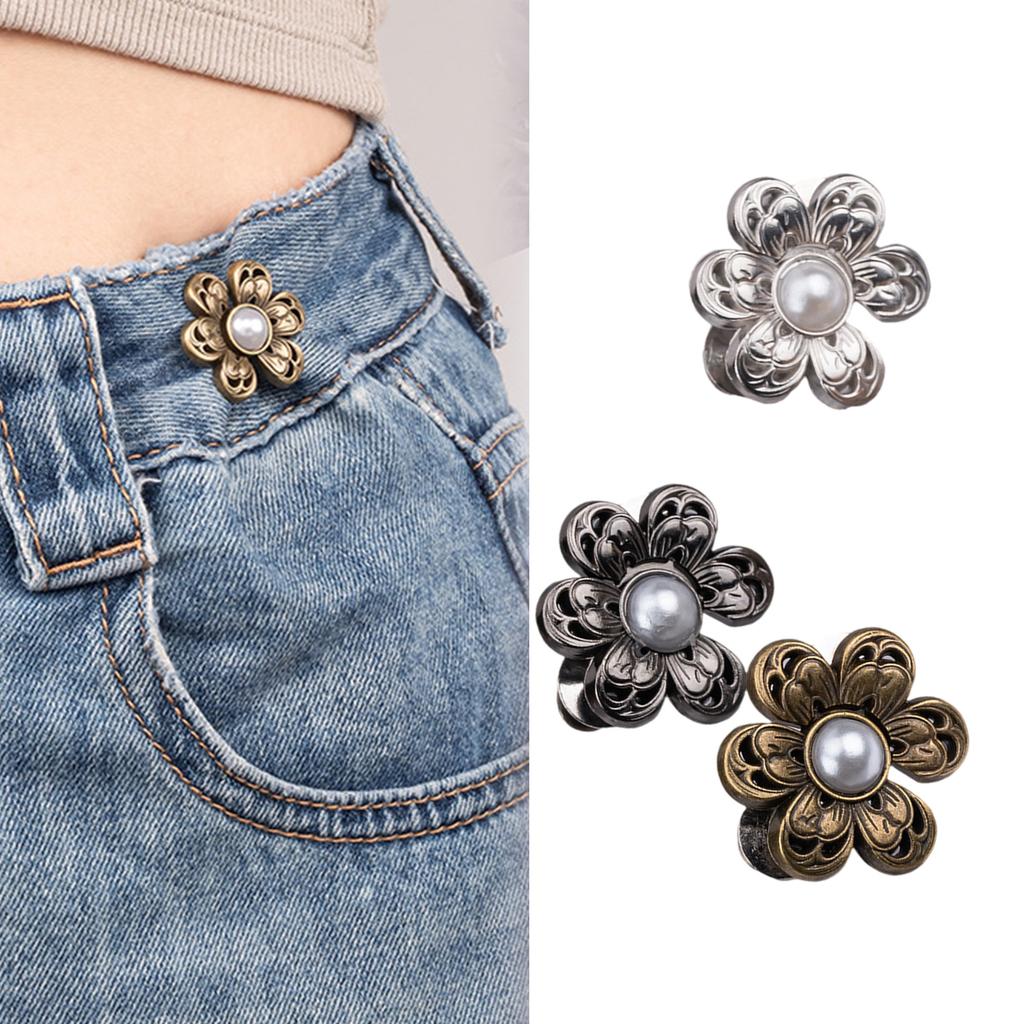 3PCS Pearl Flower Waist Buckle Cincher Clip Waist Brooch Hook for Jeans Pants Plated Waist Tightener Clip Skirt Adjuster