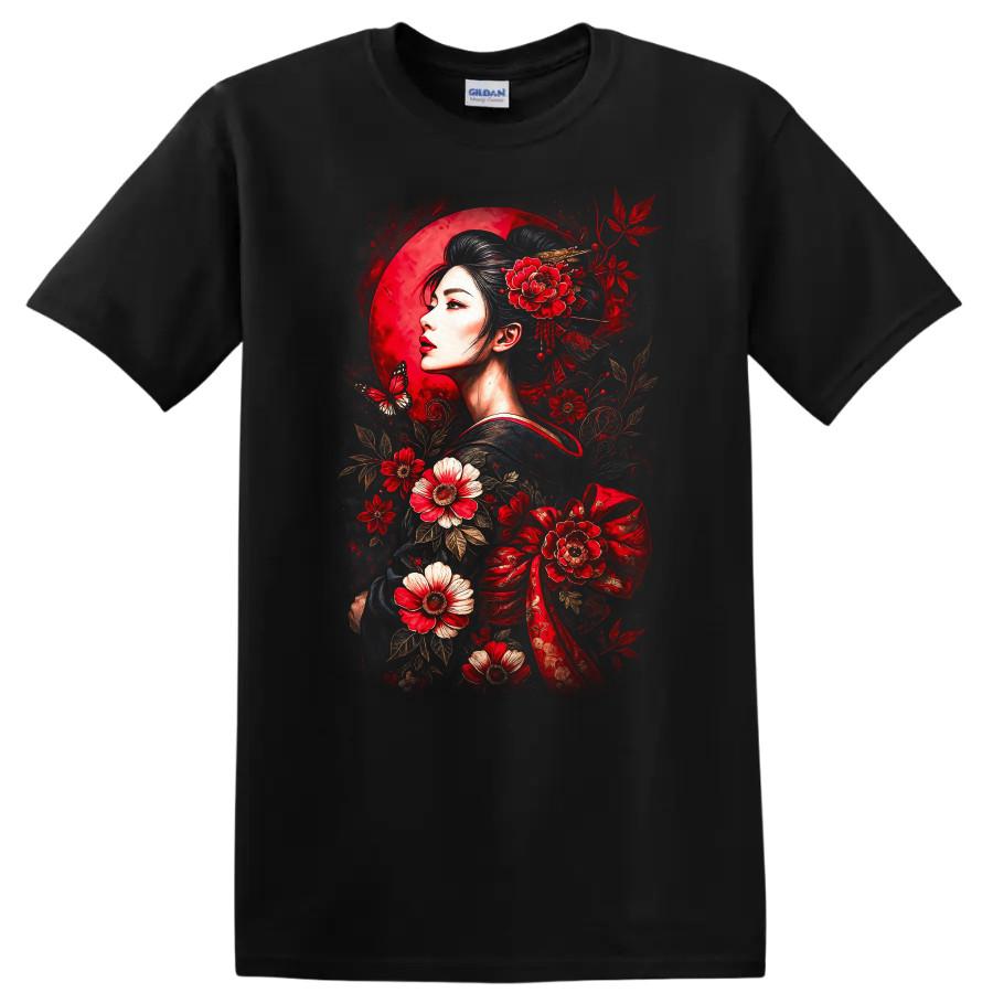 Japanese Style Floral Woman Art T Shirt Kimono Design w/ Butterfly Tee