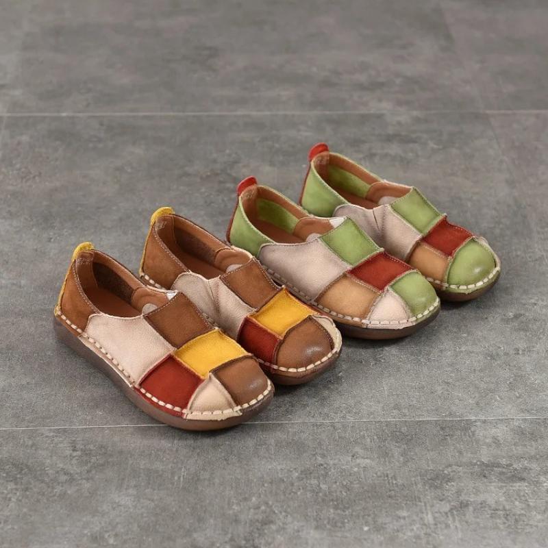 Johnature Ретро натуральная кожа смешанные цвета мягкая подошва слипоны универсальные круглый носок туфли на плоской подошве