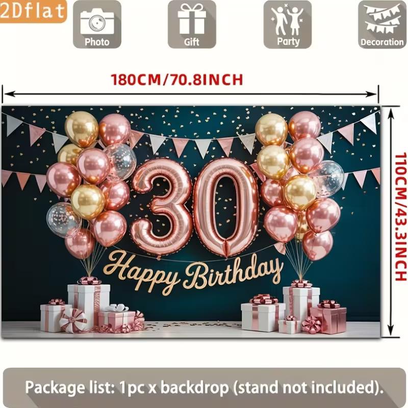 2D 30th Birthday Photography Backdrop Teal Background with Rose Gold Balloons and Gifts