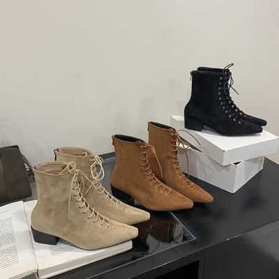 2025 осень и зима новые модные квадратный носок каблук-рюмочка ремешок короткие ботинки женские боковая молния средний каблук модные шнурованные тонкие ботинки женские