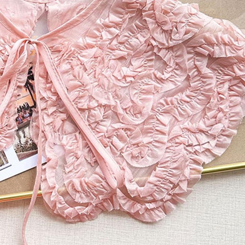 Womens Summer Sweet Ruffled Ruched Pink Detachable Fake Collar Elegant Jacquard Lace Up Bowknot Shawl Wrap Scarf Capelet