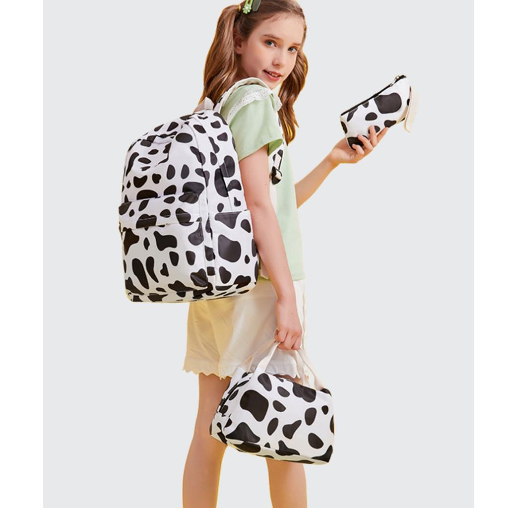 Cute Cow Print School Backpack for Girl Boy Teens Bookbag Set Laptop Daypack Lunch Tote Pencil Bag Schoolbag