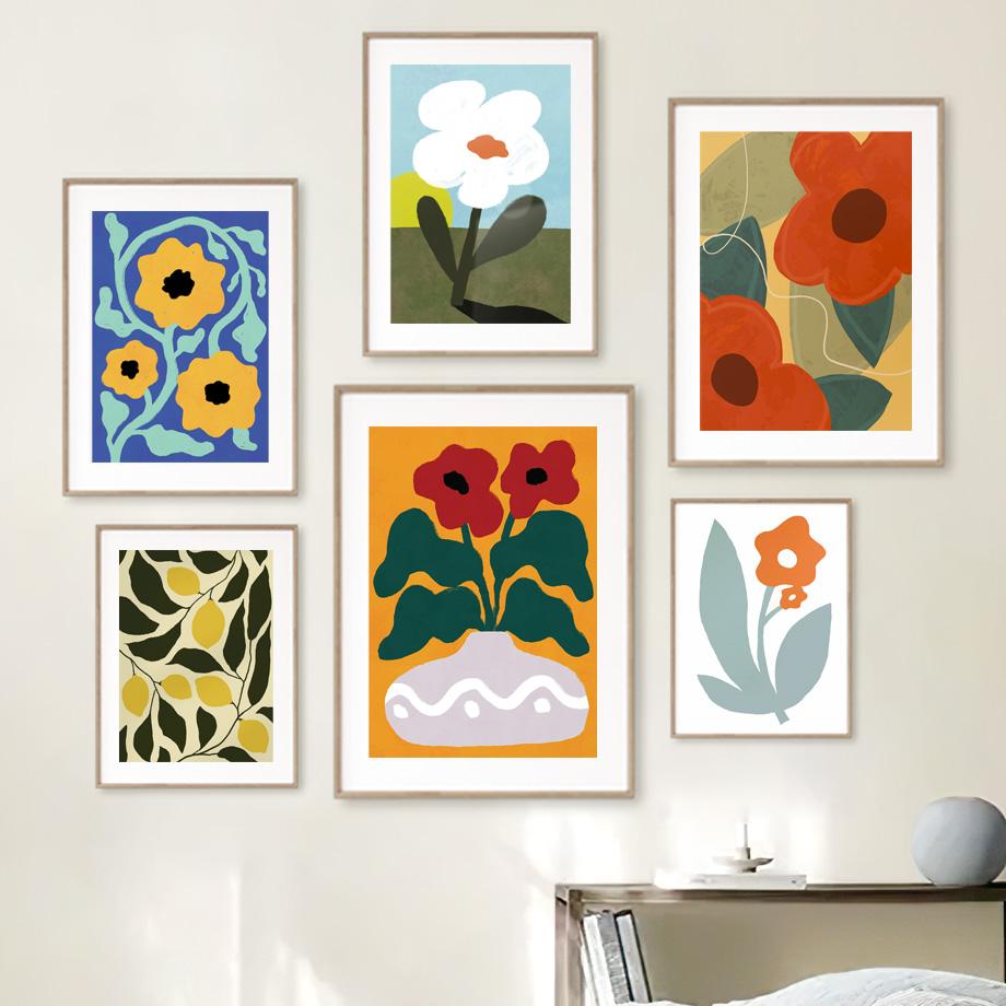 Ретро Цветы Ваза Листья Галерея Красочный Фанки Постер И Принты Настенное Искусство Холст Живопись Настенные Картины Для Декора Гостиной