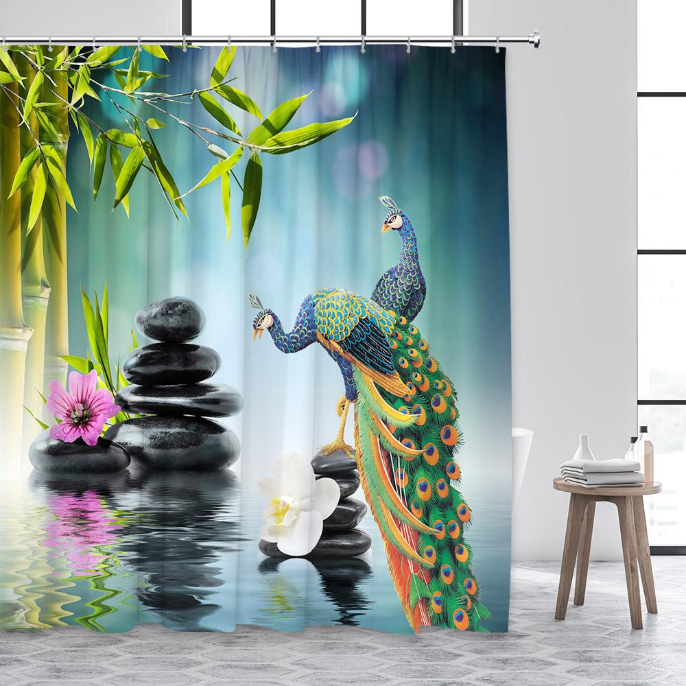 Дзен Занавеска для душа Зеленый бамбук Будда Розовая орхидея Лотос Лебедь Спа Природа Пейзаж Занавески для ванной Ткань Домашний декор с крючками