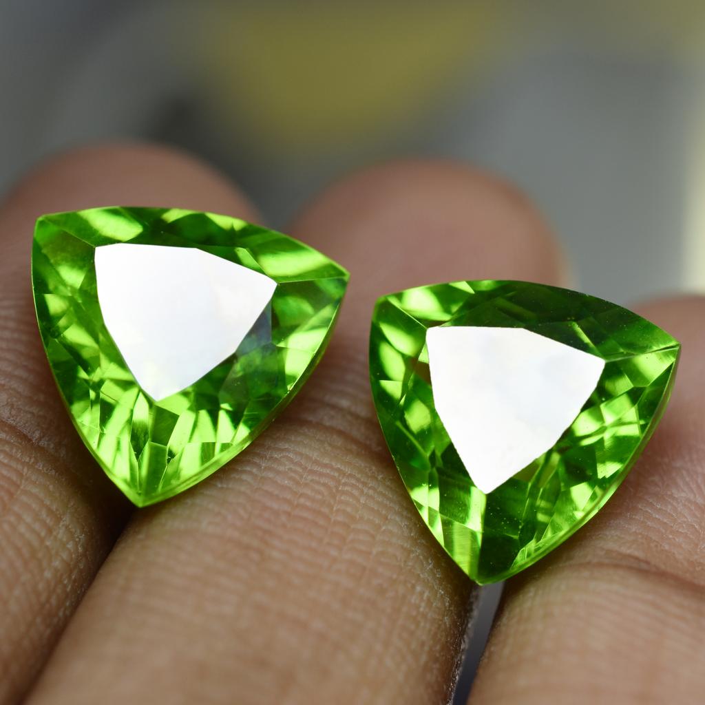Rare Peridot Green   16.00 Ct Natural Trillion Cut Loose Gemstone Pair