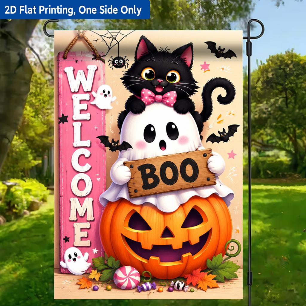 2D Flat, 2D Flat Printing Garden Flag 1pc, Halloween Pumpkin Cat Polyester Garden Flag, Single-Side Printing, Outdoor Holiday Decor for Home & Yard, 2