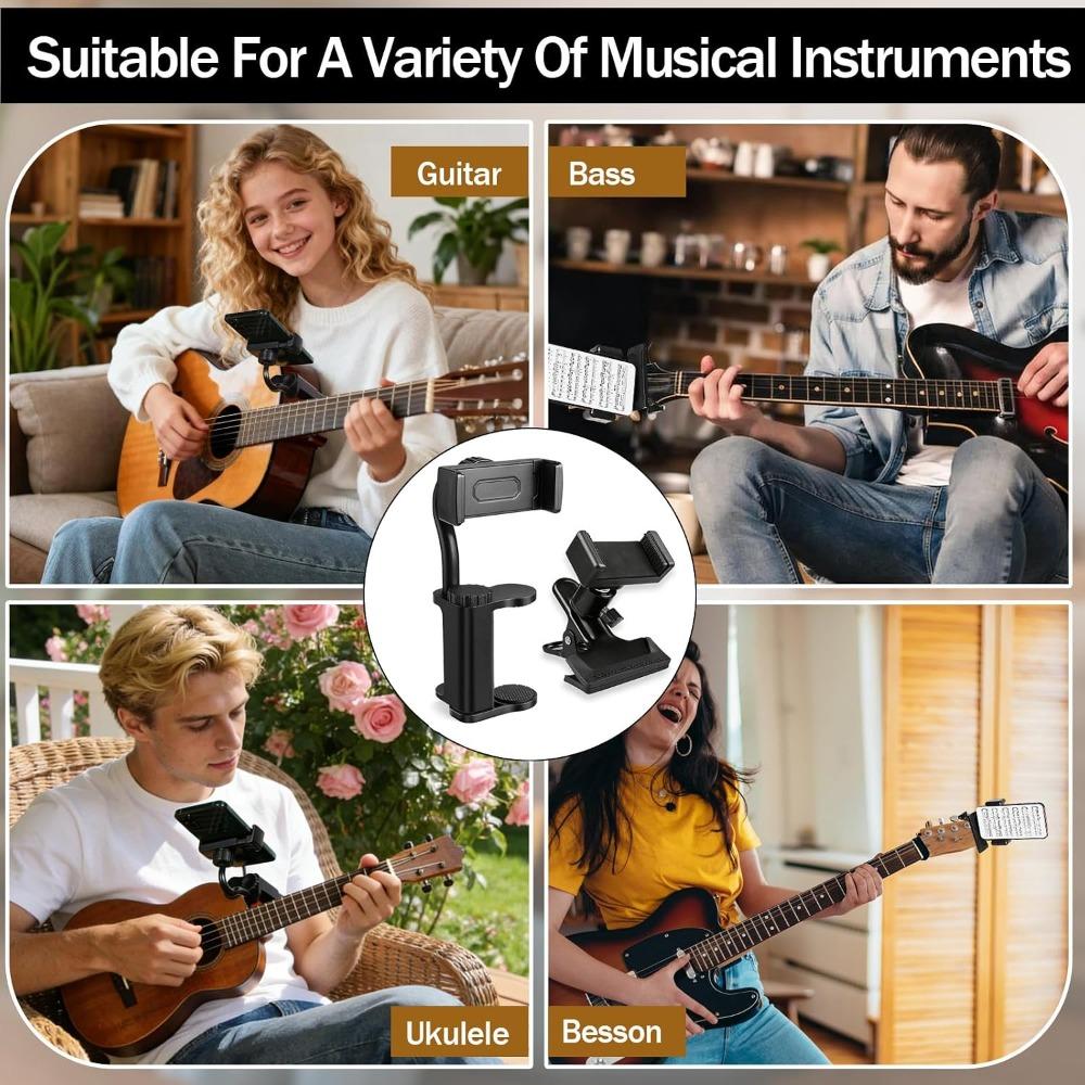 Guitar phone holder, available in two styles. This adjustable, rotatable guitar phone mount works for guitars/ukuleles (thickness 2.36"-4.13").