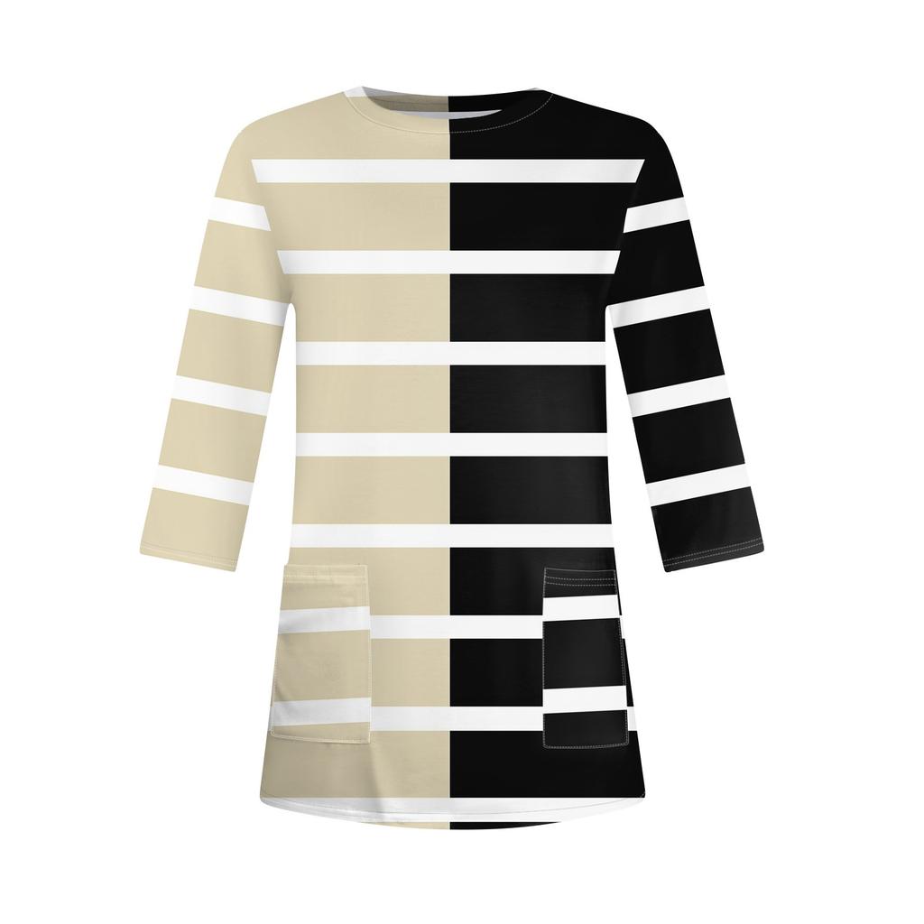 3/4 Sleeve Pocket Tops For Women T-Shirt Casual Print Mid-length Tops T Shirt Round Neck Pullover  Blouse