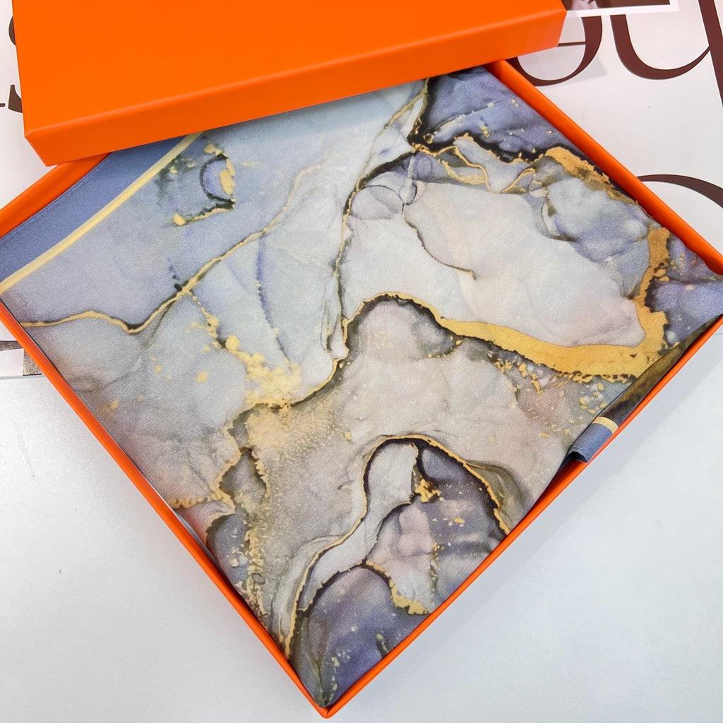 Blue Gilt Double Crepe Silk! Mulberry Silk Silk Scarf For Women'S Spring And Summer Temperament With Decorative Scarf Streamer