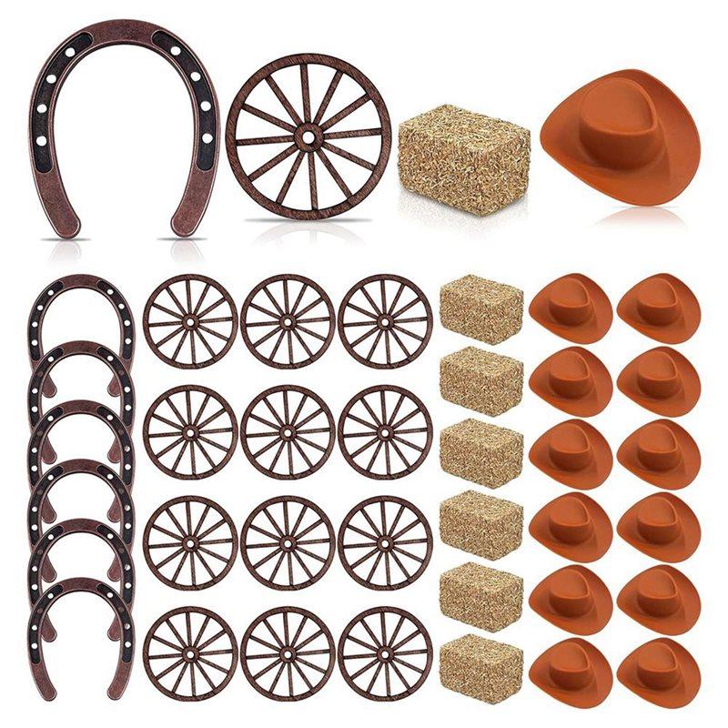 J1UL1N 144PCS Western Party Decorations Mini Horseshoe Brown Cowboy Hat Wheel Hay Bales Suitable For Crafts And Cowboy Favors