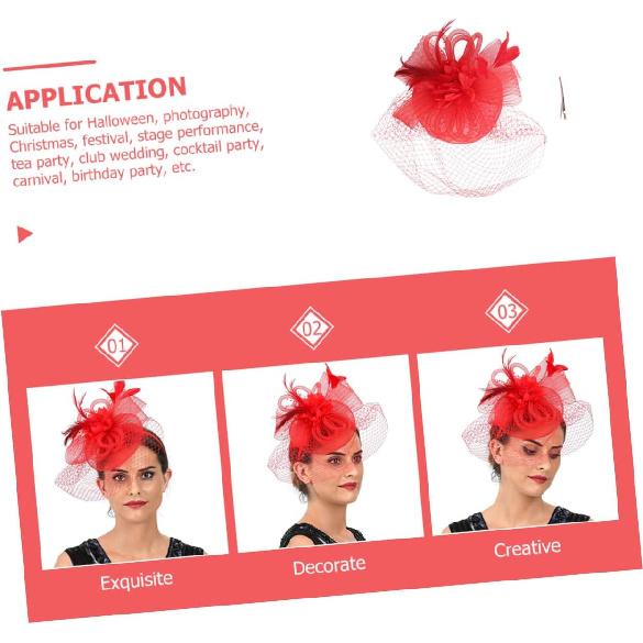 LIOOBO Fascinator Hat Headband with Mesh Plume Flower Detail Red Cocktail Tea Party Wedding Hat for Women and Special Occasion Accessories
