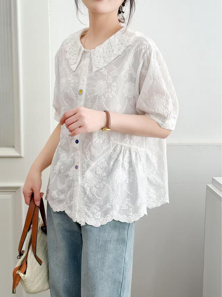 Летняя женская рубашка с воротником Питер Пэн 2025: Модная, Универсальная, Свободная, Стройнящая, Омолаживающая, Блузка с коротким рукавом