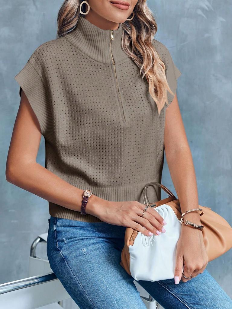 Women's Half Zip Cropped Knit Top Cap Sleeve Lightweight Oversized Sweater Vest