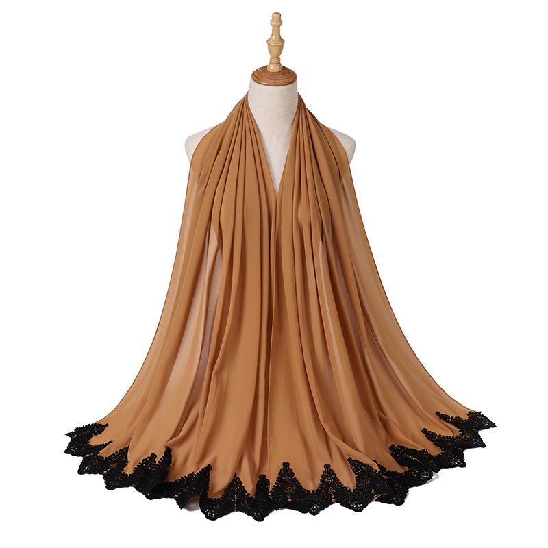 Новый жемчужный шифон Малайзия Мода Черные кружевные шарфы Мусульманский шаль Однотонный мягкий тюрбан Повязки на голову