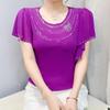 Летняя Новая Элегантная Футболка из Сетки с Короткими Рукавами и Круглым Вырезом Модные Рюши Горячие Бриллианты Женские Футболки Шикарные Рукава-Бабочки Повседневные Топы