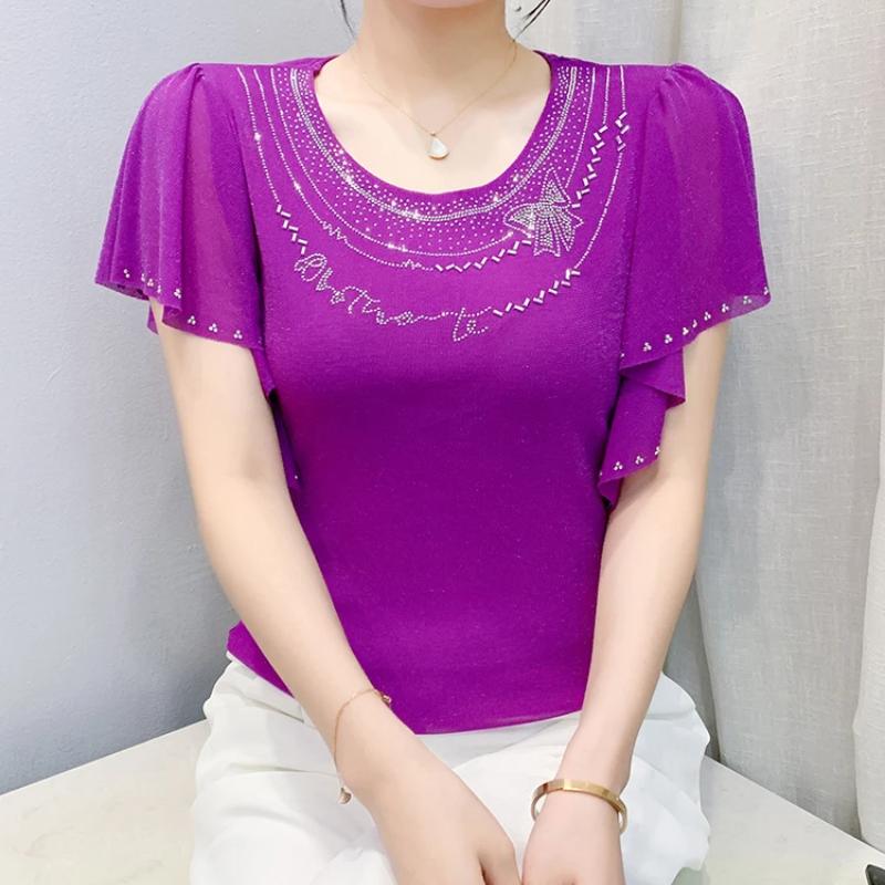 Летняя Новая Элегантная Футболка из Сетки с Короткими Рукавами и Круглым Вырезом Модные Рюши Горячие Бриллианты Женские Футболки Шикарные Рукава-Бабочки Повседневные Топы