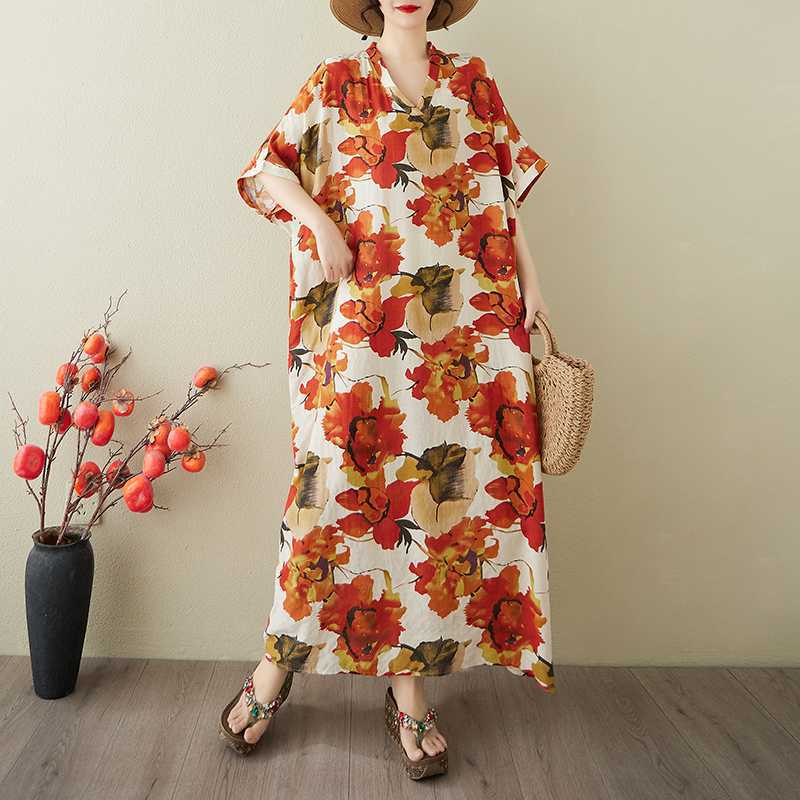Women's Vintage Long Dress with Cotton and Linen Patterns