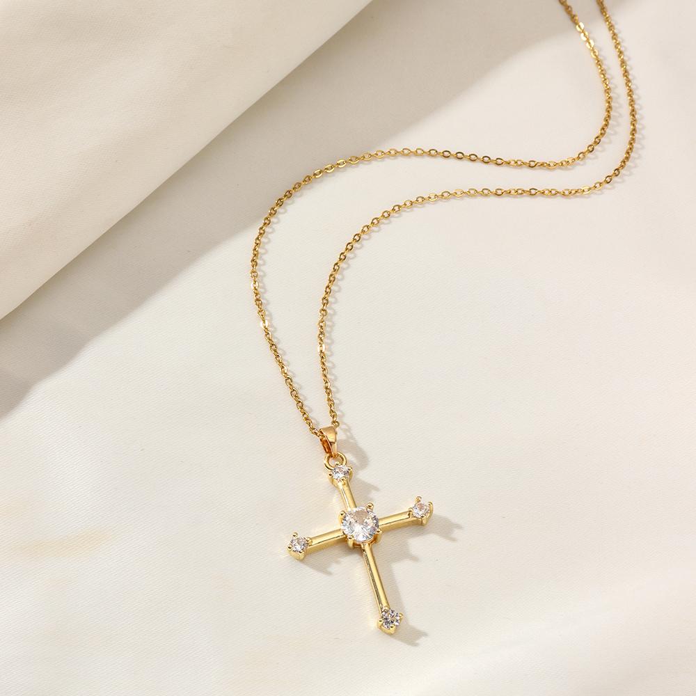 Golden Zirconia Arrow Cross Pendant Necklace, Dainty Jewelry for Women