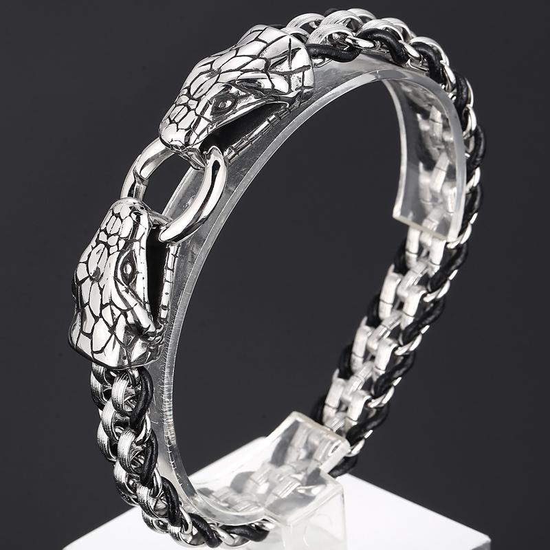 Готический однотонный браслет из нержавеющей стали со змеиной головой для мужчин, байкерский мужской браслет, плетеный кожаный ремешок на запястье со змеиной головой