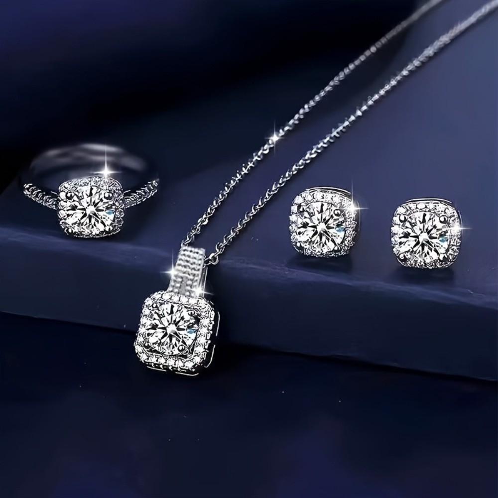 Pendant Square Necklace Crystal Ear Studs Exquisite Cube Jewelry Set  Girls