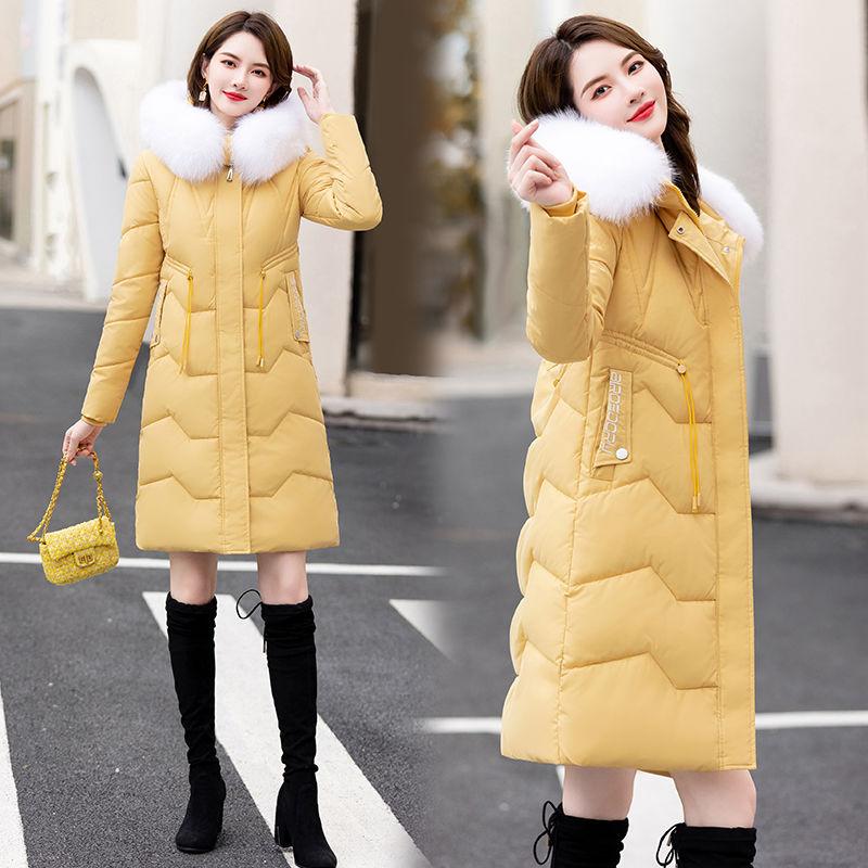 Пуховик женский средней длины и длинный новый приталенный с меховым воротником теплый пуховый утолщенный зимний