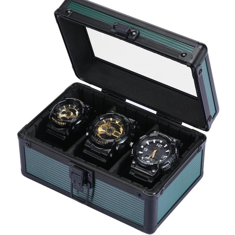Алюминиевая коробка для часов из 3 предметов: Многоцветное хранение с прозрачной крышкой и 3 отделениями