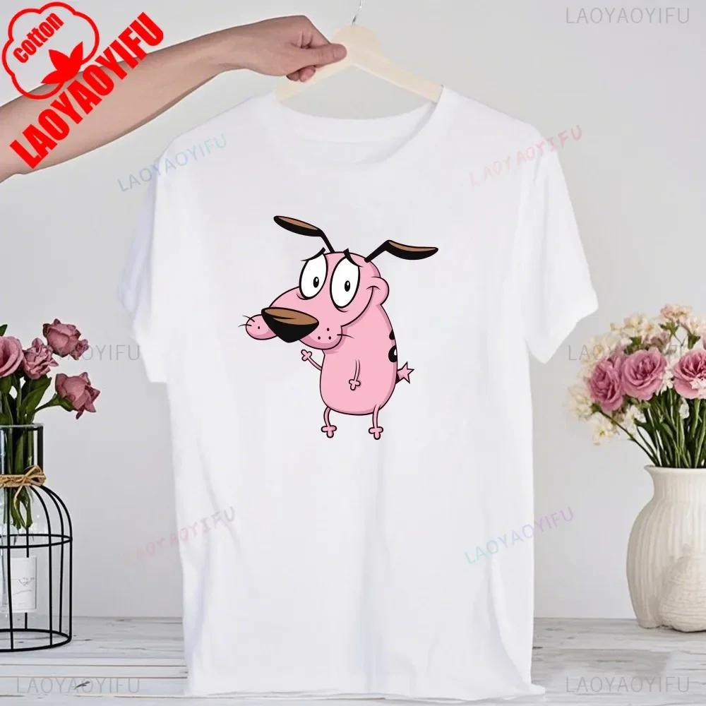 Мультяшная футболка 90-х «Кураж — трусливый пес» Ретро Уличная мода Летняя одежда Топы Подарок Мужчины Женщины Пара Хлопковые футболки