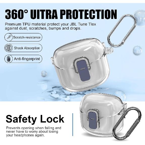 [Secure Lock] Clear Case for JBL Tune Flex Case Cover Compatible with JBL Tune Flex True Wireless Noise Cancelling Earbuds Anti-Scratch Protective