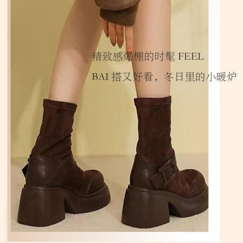 Fashion Long Boots Women Platform Elastic Socks Boots British Wind Show Thin Metal Buckle Ankle Boots 2025 New