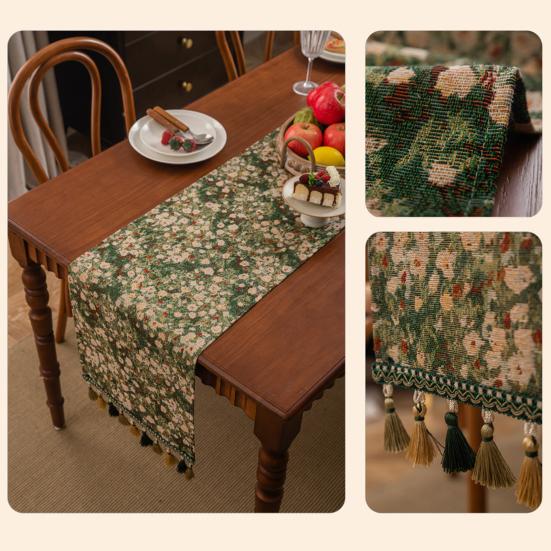 Рождественская зеленая жаккардовая скатерть-дорожка с кисточкой, декоративный праздничный флажок для стола, украшение обеденного стола для дома, ресторана, бара, кухни