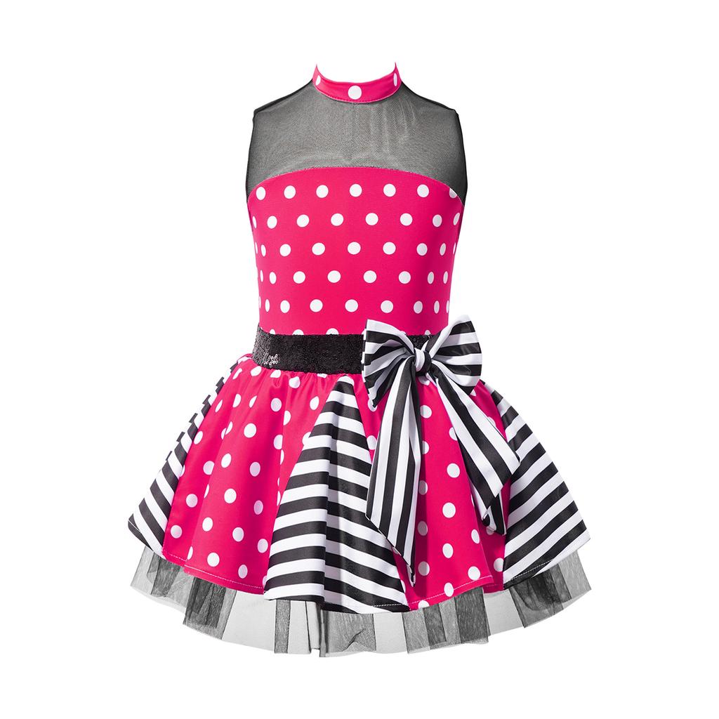 Kids Girls Sleeveless Polka Dots Printed Ballet Dance Dress with Mesh Tutu Skirt Gymnastics Dancewear Party Costume