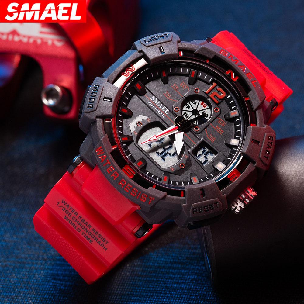 SMAEL Мужские цифровые часы, крутые противоударные электронные часы, многофункциональные водонепроницаемые спортивные электронные кварцевые часы с двойным дисплеем