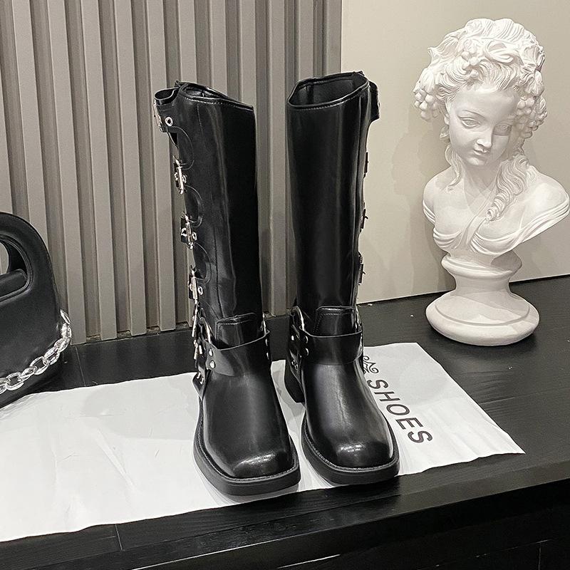 Женские ботинки на платформе, мотоциклетные ботинки, ремешок с пряжкой, ботинки на толстой подошве, женская мода, черная искусственная кожа, западный стиль, рыцарские ботинки, botas mujer