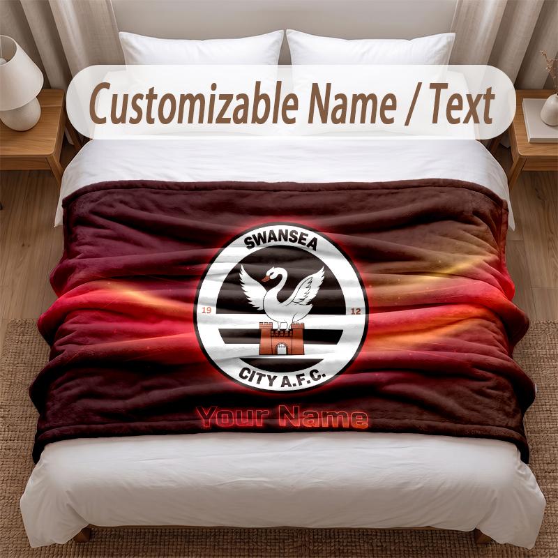 Swansea City FC Printed Flannel Blanket Custom Name Text Soft Warm Throw For Bedroom Holiday Gift