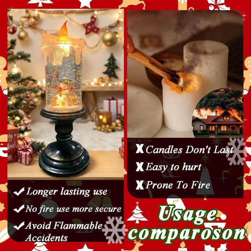 Snowmen Snow Globe Flameless LED Candle Christmas Decor with Swirling Glitter Spinning Tabletop Ornament for Holiday Party Winter Home Decor Gift