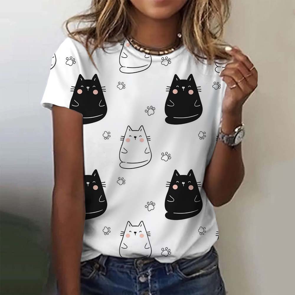 Women Cute Cat Flower Graphic Print Casual Short Sleeve Summer Street Fashion Tops Outdoor