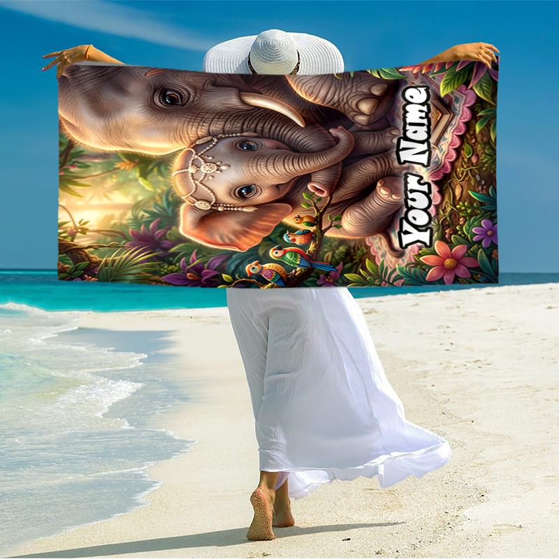 1PC Custom Name Elephant Family Jungle Beach Towel Highly Absorbent And Sand-Resistant Towel for Swimming, Pool, Yoga, And Travel Lightweight