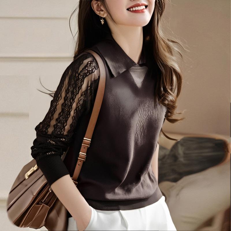 Spring and Autumn Lace Knitted Sweater Long Sleeve Top Women's Small Lapel Bottom