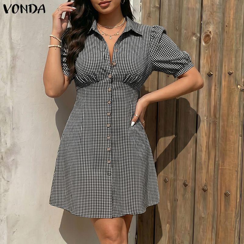 VONDA Летнее женское мини-платье в клетку с отложным воротником, коротким рукавом, эластичной спинкой, повседневное, с рюшами