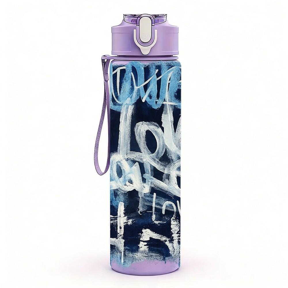 1PC Blue Dark Street Graffiti Word Print 750ml Color Plastic Sports Water Bottle Leakproof Flip Straw Lid Suitable for Sports Office Home Use
