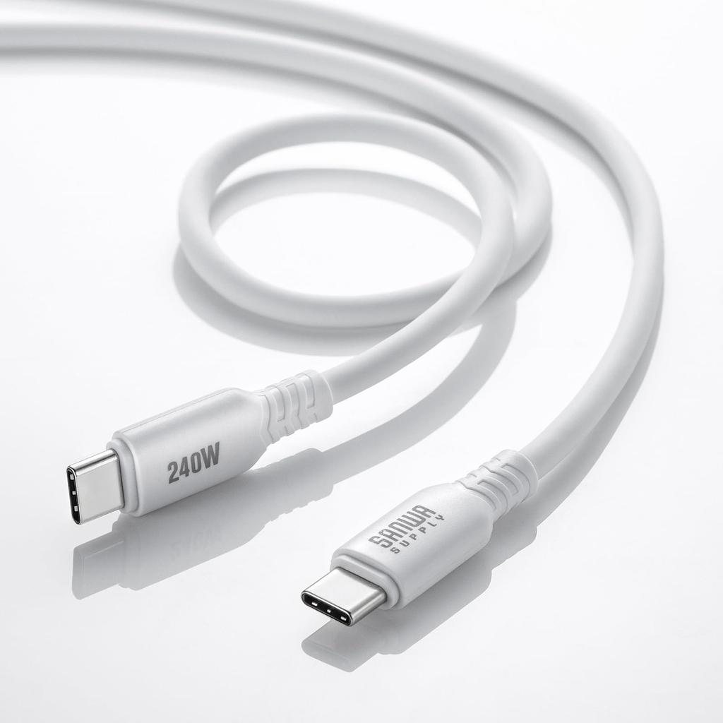 SANWA SUPPLY USB Silicone Cable 2.0 Type-C (PD240W, 0.5m, White) KU-CCPES05W