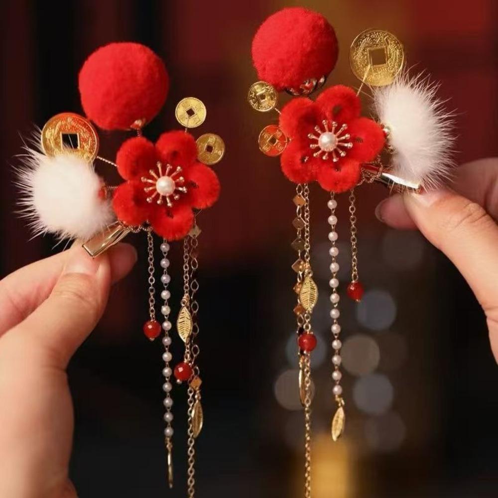 Red Chinese Style Ancient Hairpin Pearl Chinese New Year Side Clip Hanfu Hair Clip  Women