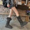 Версия из мягкой кожи~ серые женские зимние ботинки 2024 года, новые, на толстой подошве с увеличением высоты, утепленные, с длинным голенищем, хлопковые ботинки для снега