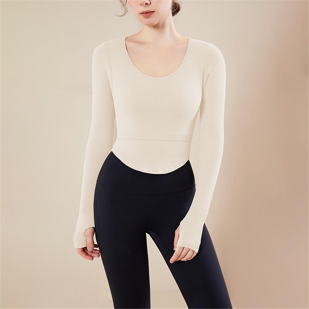 Ribbed Nude Slimming Yoga Suit Long Sleeved Women's Chest Cushion U-neck Outerwear Running Fitness Top