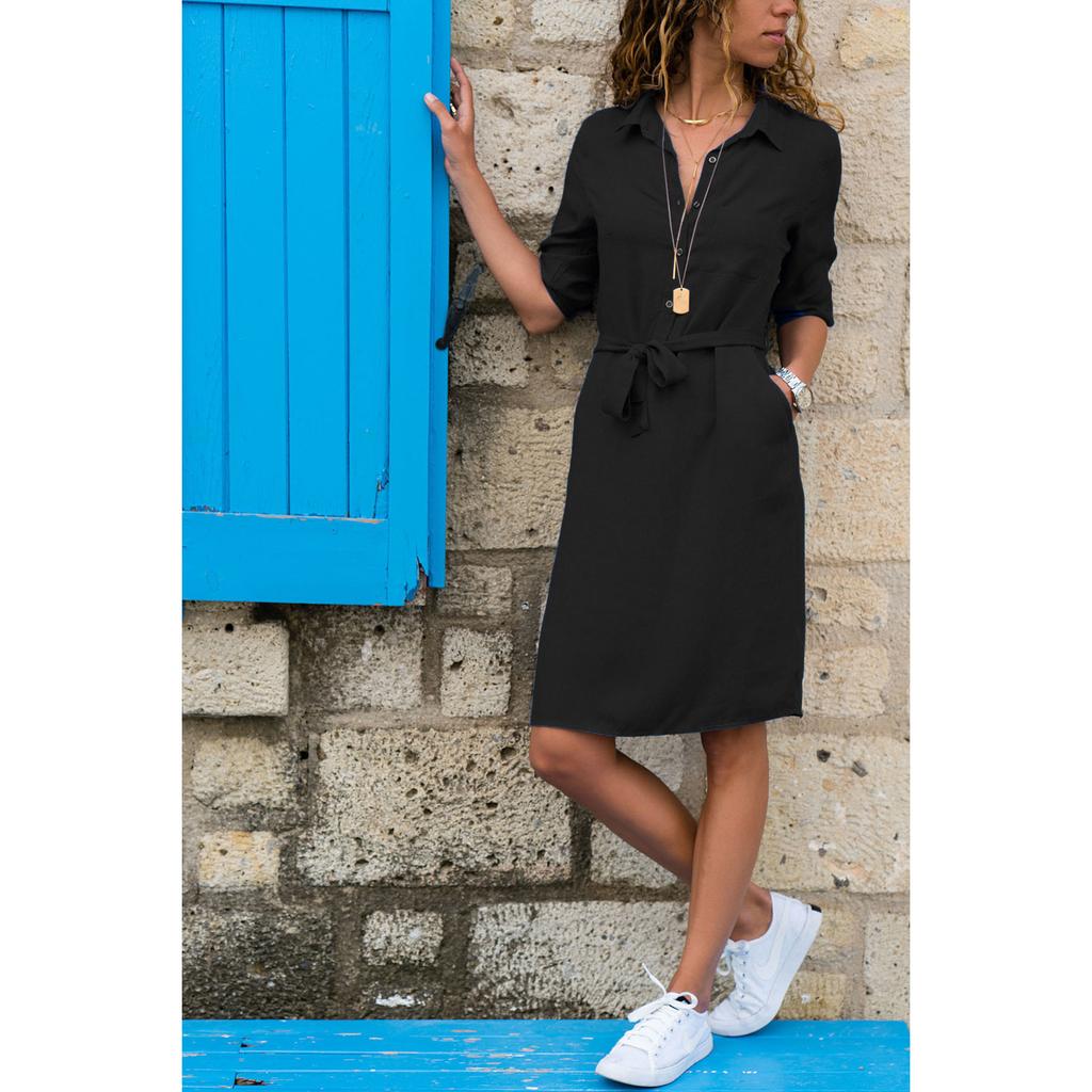 Женское повседневное свободное платье Psrty Vestidos с отложным воротником и поясом, халат длиной до колена, большие размеры