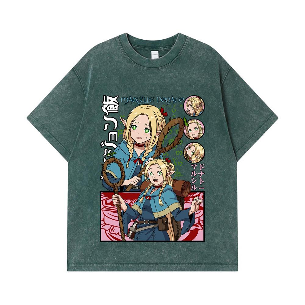 Стиранные футболки 275 г/м² 100% Хлопок Delicious in Dungeon V3 Принт с Марсиллой Унисекс Тяжелая хлопковая футболка