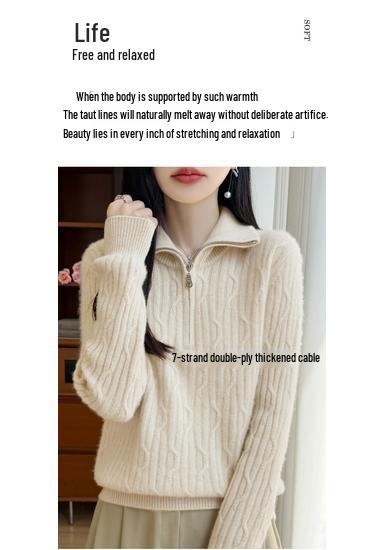 Women's Thick Wool Lapel Sweater: Autumn Winter, Half-Zip, Cable Knit, Long Sleeve Base Layer